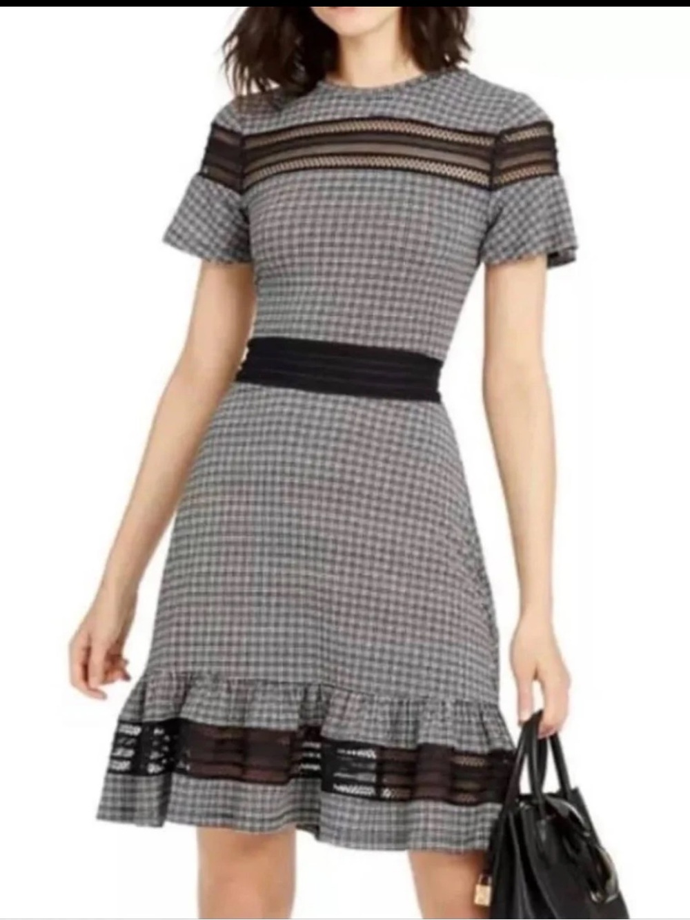 Michael Kors Black and White Gingham Ruffle-Hem Dress Small